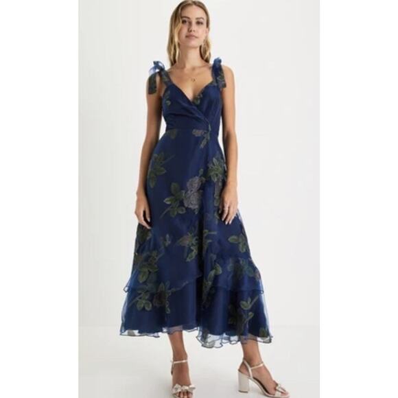 Lulus Dresses & Skirts - NWT Lulu's Ronny Kobo Floral Tie Shoulder Dress Size Small Women’s Navy